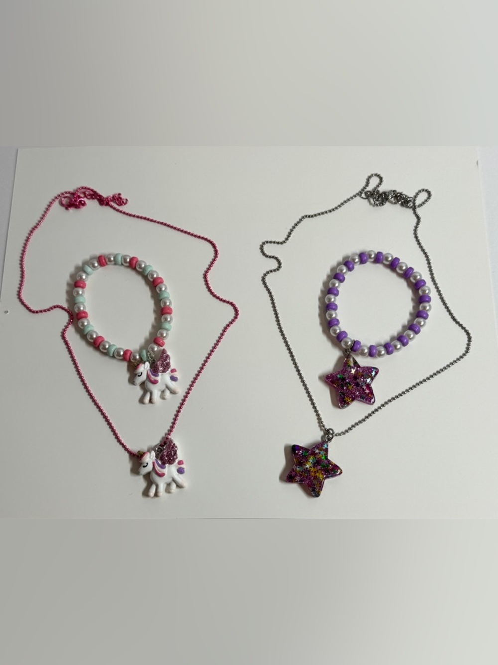 Kids Unicorn and Star Necklace & Bracelet Set - Pink, Purple, White